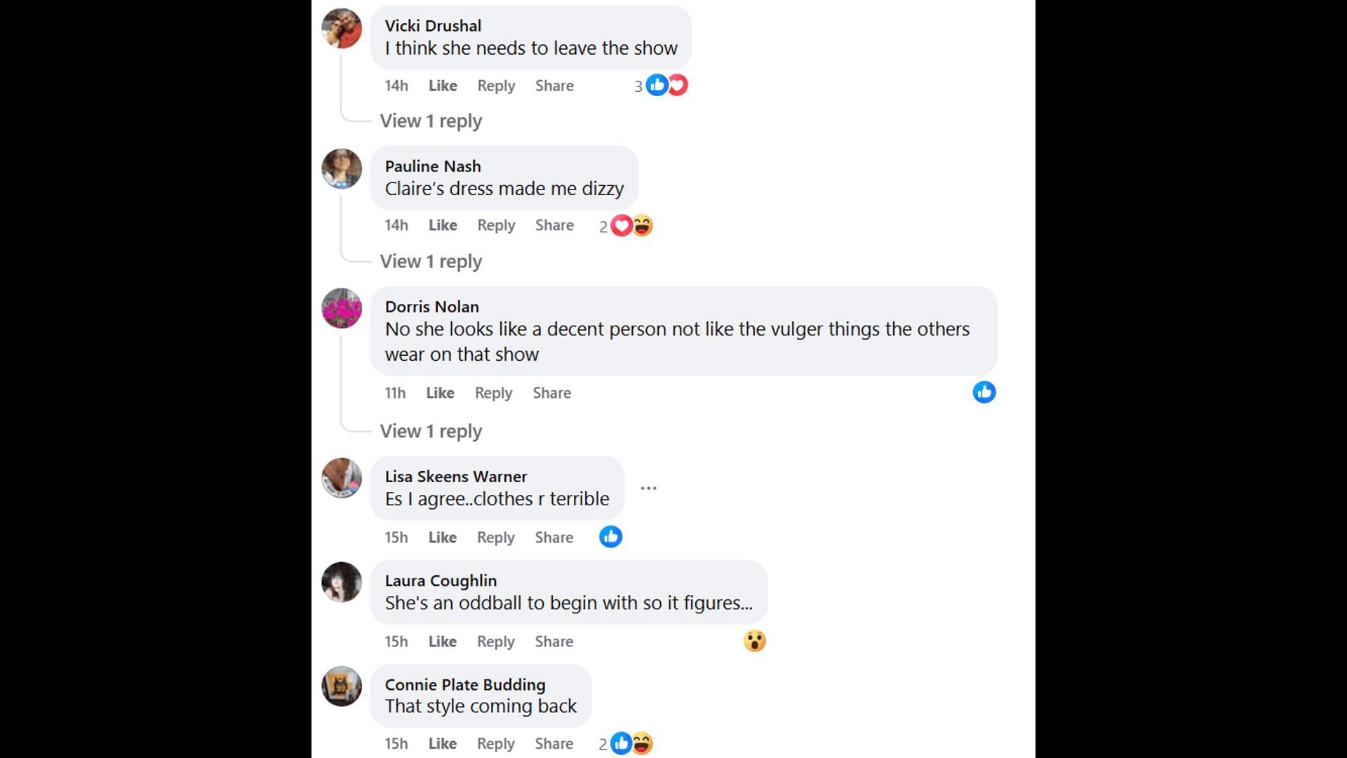 Fans voice their opinions about Claire's outfits (Image via Facebook)